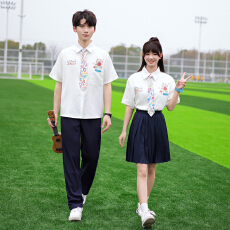 批发201#实拍情侣装夏季新款可爱手绘短袖衬衫中小学生班服 班运会