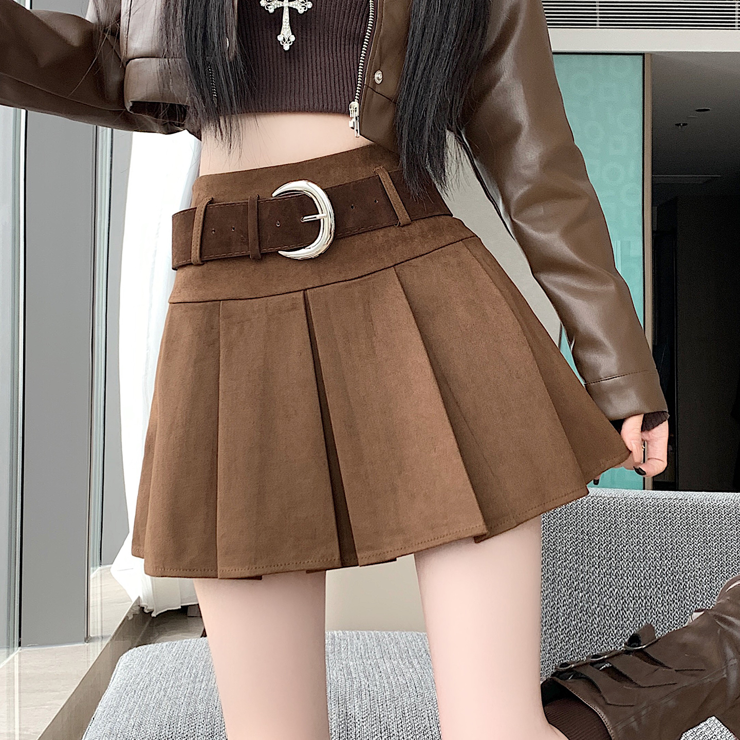 实拍2025秋冬美式甜酷辣妹防走光麂皮绒a字半身百褶裙短裙 配腰带