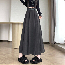 批发实拍2025秋冬韩版遮胯显瘦中长加厚毛呢a字半身百褶裙伞裙 配腰带