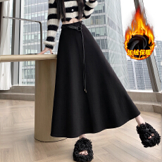 批发实拍 2025冬松紧腰遮胯显瘦编织腰绳设计中长加绒毛呢a字半身伞裙