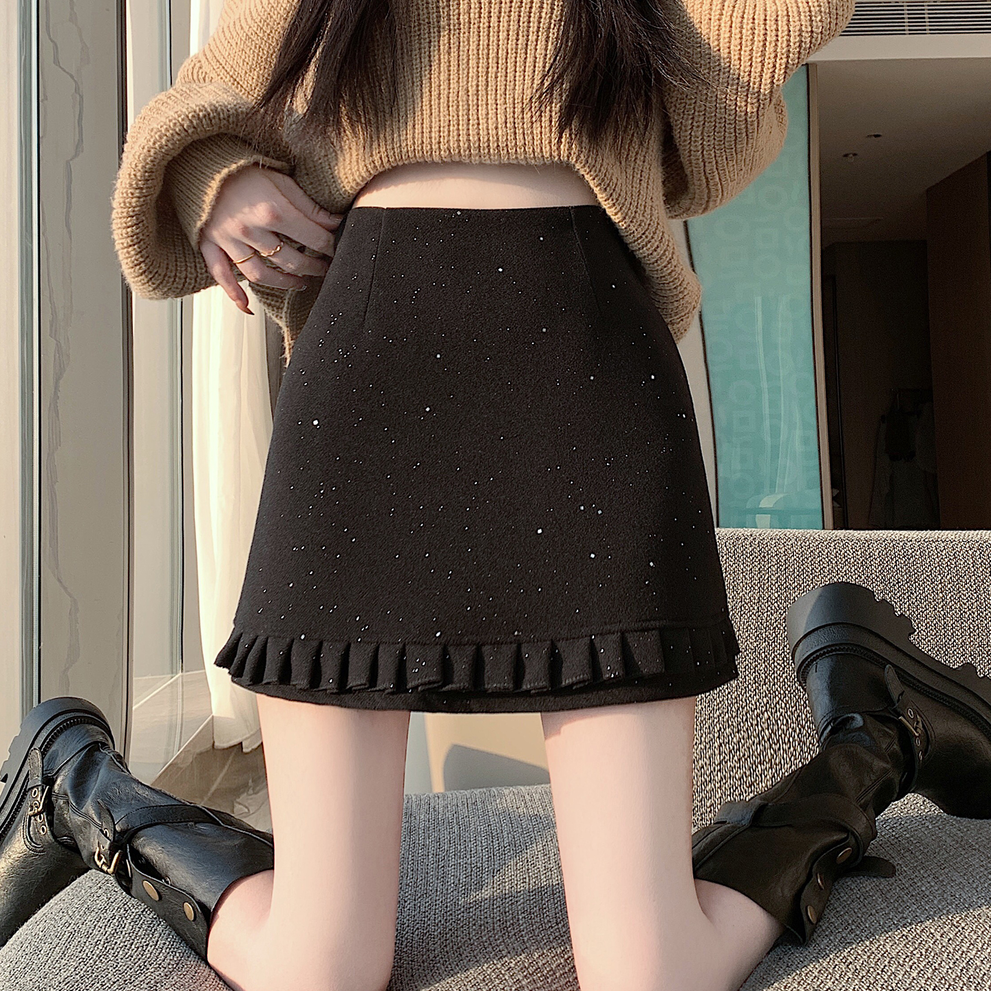 实拍 2025冬韩版亮闪闪星河亮片木耳边百褶花边毛呢半身a字裙短裙