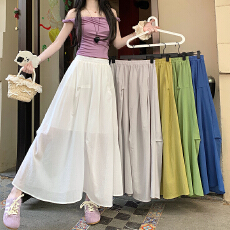 批发实拍 2026夏设计感褶皱<b class='q'>棉麻</b>清透度假果绿色中长大摆裙a字半身伞裙