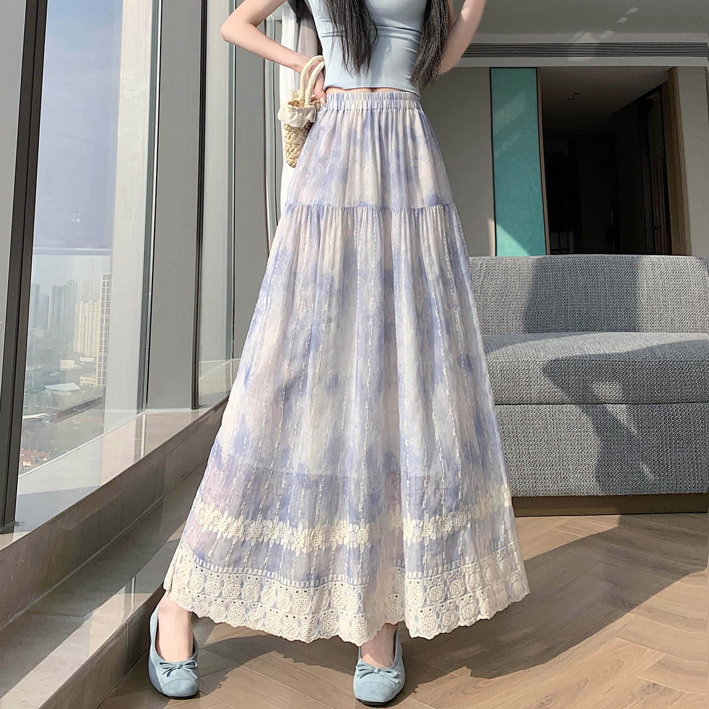 实拍 2026春夏松紧腰垂感中长重工水墨绣花镂空a字半身裙大摆伞裙