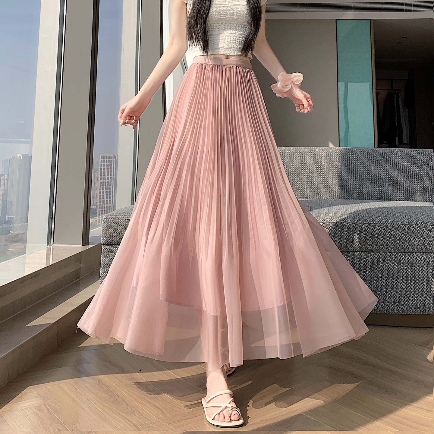 实拍 2026春夏松紧腰超仙纱质百褶蓬蓬裙中长a字半身裙大摆伞裙