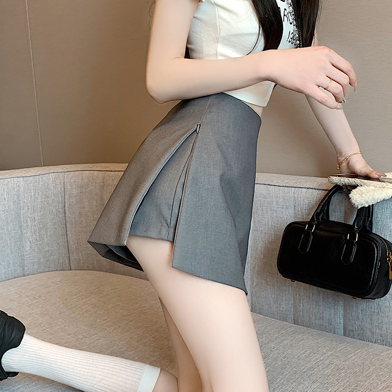 实拍 2026春夏高腰显瘦侧开叉拉链设计灰色西装a字包臀半身裙裙裤