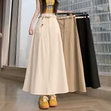 批发实拍 2026夏高腰显瘦挂饰腰带设计中长纯色洗水工装裙a字半身<b class='q'>长裙</b>