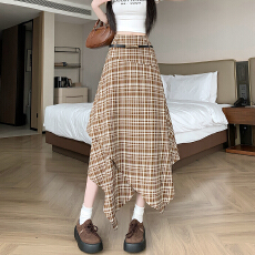 批发实拍 2026美式辣妹高腰显瘦垂感不规则格纹半身a字<b class='q'>裙</b><b class='q'>伞</b><b class='q'>裙</b> 配腰带