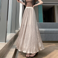 批发实拍 2026夏松紧腰显瘦垂感肌理感珠光锻中长半身a字裙百褶裙伞裙