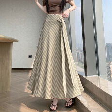批发实拍 2026夏韩系复古简约斜条纹绑带式中长a字半身裙大摆伞裙