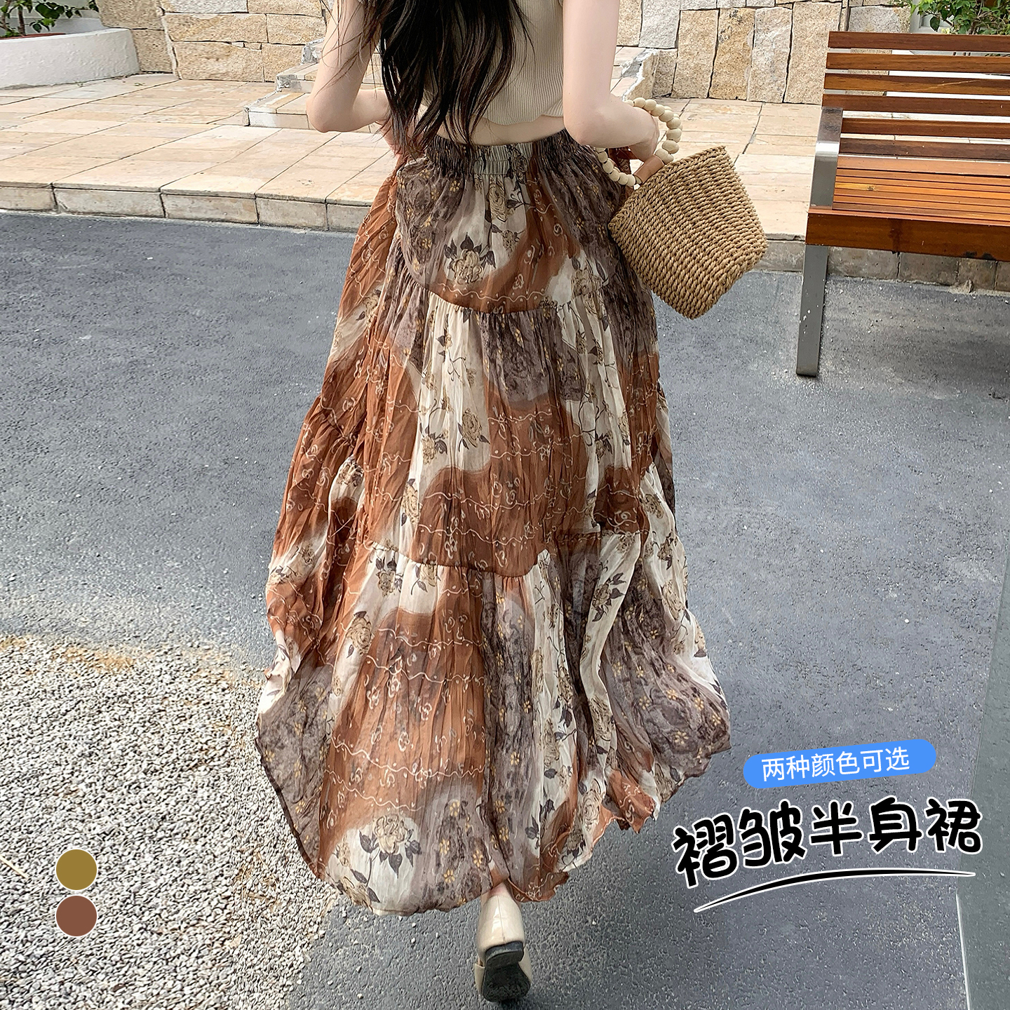 실사 2026 여름 허리밴드 표지 넓적 다리 슬림해 보이는 유화 프린트 플리츠 A라인 스커트 케이크 요정 쉬폰 롱 스커트