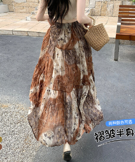 실사 2026 여름 허리밴드 표지 넓적 다리 슬림해 보이는 유화 프린트 플리츠 A라인 스커트 케이크 요정 쉬폰 롱 스커트