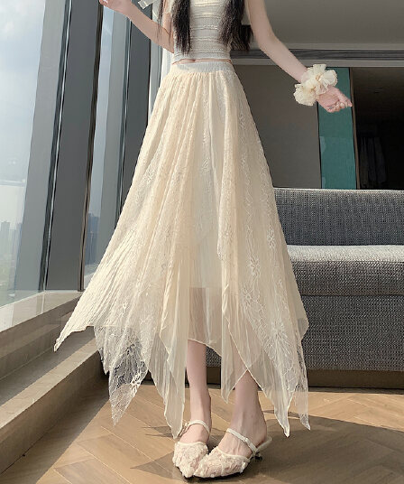 실사 2026 여름 부드러운 바람 표지 넓적 다리 슬림해 보이는 불규칙 레이스 조각 실 품질 한 마디 큰 진자 반신 스커트 롱 스커트