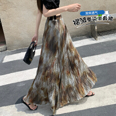 批发实拍 2026夏松紧腰轻薄凉感飘逸褶皱晕染印花半身a字大摆<b class='q'>伞</b><b class='q'>裙</b>长<b class='q'>裙</b>