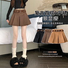 批发实拍 2026<b class='q'>秋</b>甜酷辣妹铆钉腰带设计防走光麂皮绒a字半身百褶裙短裙