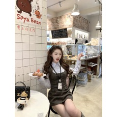 批发麻吉麻吉mochi【首尔学妹】<b class='q'>衬衫</b>领假两件长袖连衣裙秋冬新款短裙