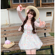 批发花漾甜茶 织物猪原创 早春度假风仙女感刺绣碎花吊带<b class='q'>连衣裙</b>汉服