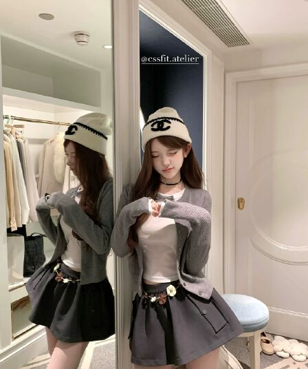 늦게 우산 우산 26 ss 보여주기 필드 건방진 녀석 miu 부서 페이크 레이어드 파인애플 곡물 양모 오픈 가디건 꽃 허리 사슬 반 스커트