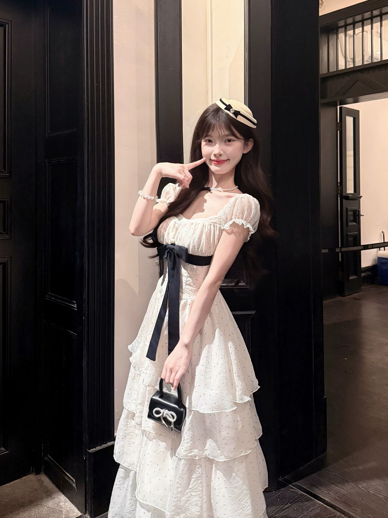 캄파넬라 세과 house 화이트 복숭아 도트 무늬 천 금빛 바람 거품 소매 튜브탑 허리 수축 드레스 케이크 드레스
