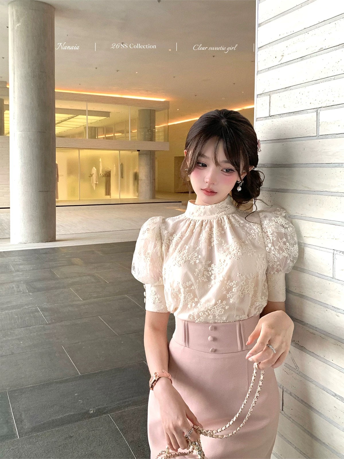 달콤한 수선화 하트 비트 데이트 주간 프랑스식 레이스 거품 소매 맨위 허리 수축 반신 스커트 명문 여성 세트 여름 긴 바지