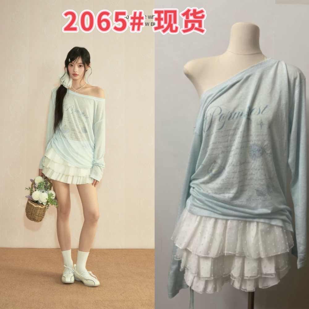 popwest 丨 낙서 비스듬한 어깨 티셔츠 자외선 차단 블라우스 여성 봄 얇은 스타일 루즈핏 긴팔 다용도 맨위