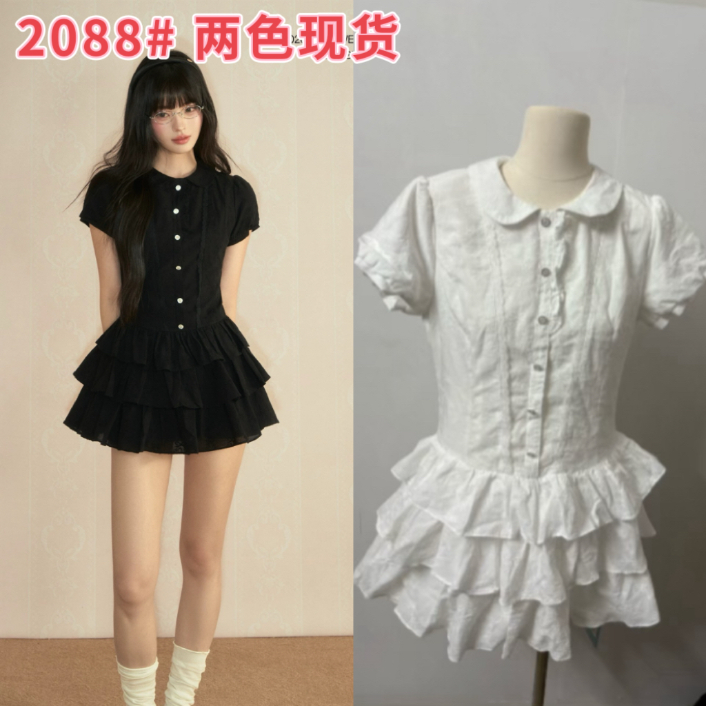 popwest 오리지널 학원 스타일 거품 소매 셔츠 드레스 허리 수축 다용도 핫걸 치마 A라인 스커트 미니 스커트