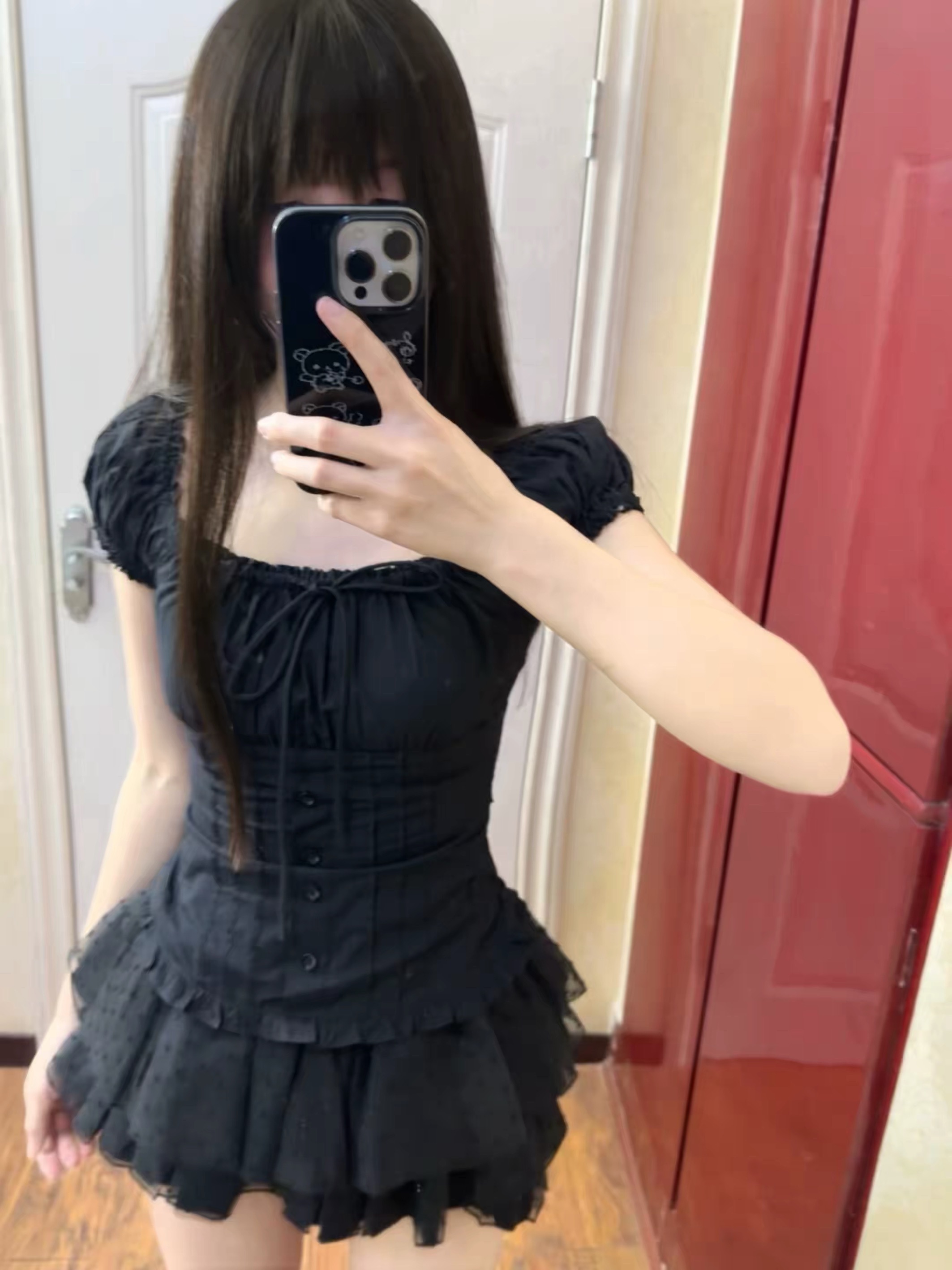 프랑스식 검정색 고급 센스 거품 소매 광장 칼라 셔츠 반팔 도트 무늬 레이스 퍼프 케이크 반신 스커트 투피스 세트