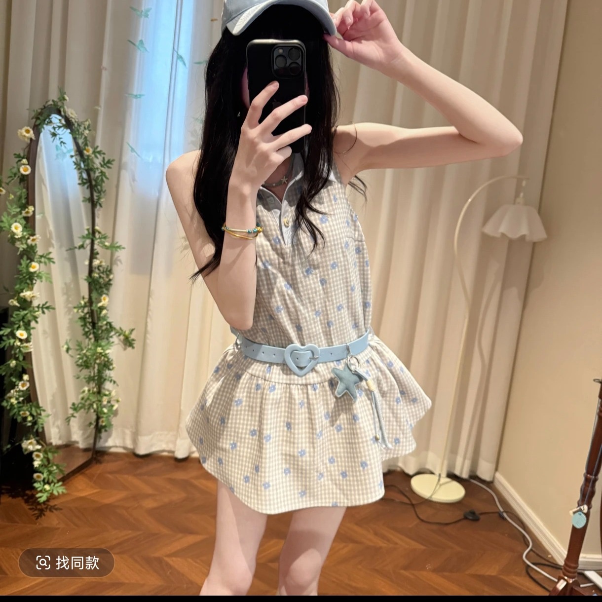 체크무늬 달콤한 버클 직물 돼지 오리지널 한 부서 달콤한 스타일 체크무늬 꽃무늬 민소매 맨위 여성 여름 새로운 반바지