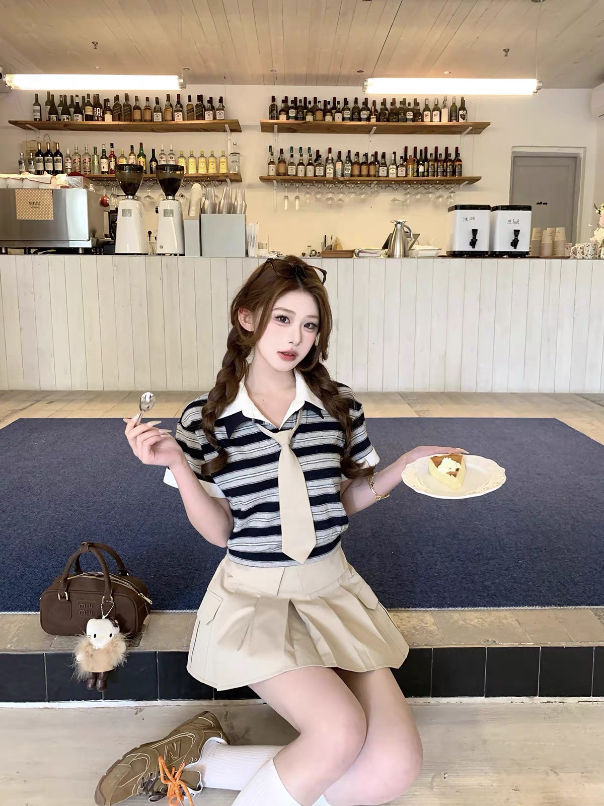 마 지 mochi 스트라이프 일기 여름 학원 스타일 셔츠 칼라 연령 감소 스트라이프 맨위 반 스커트 세트