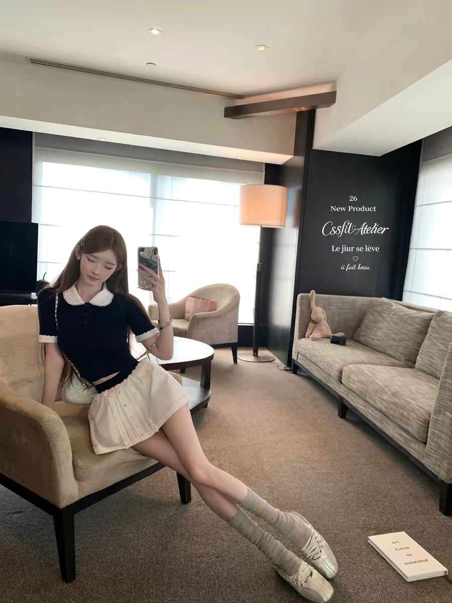늦게 우산 우산 26 ss 복숭아 나이 미시 miu 부서 얼음 마 이중층 칼라 니트 스웨터 배색 프릴 반 스커트