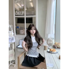 批发ELEVEN SLEEP韩系假两件短袖<b class='q'>衬衫</b>女夏季高级感泡泡袖收腰<b class='q'>t</b><b class='q'>恤</b>上衣