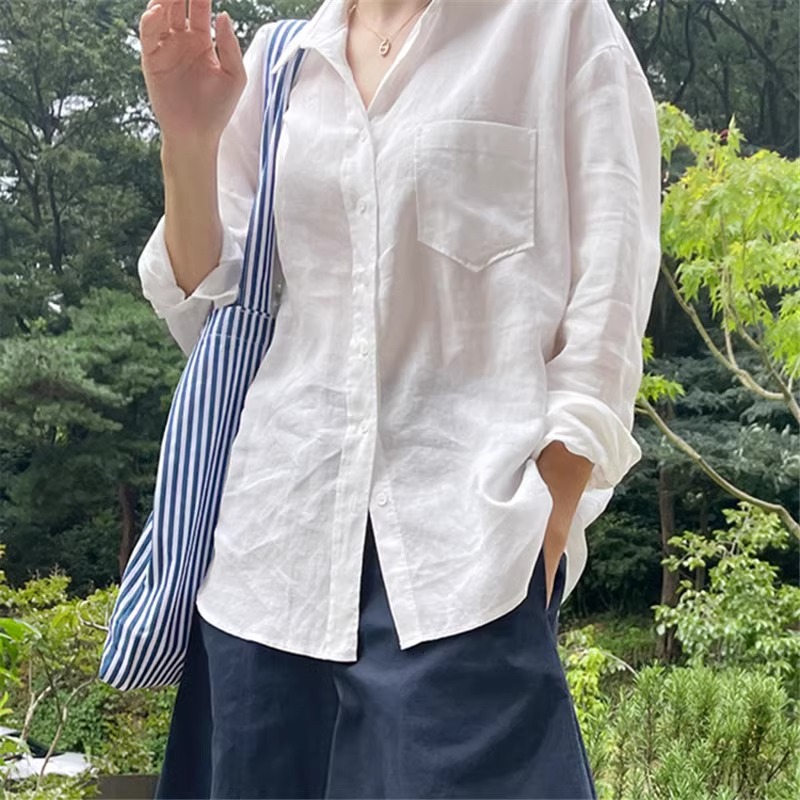 프랑스식 면 린넨 자외선 차단 화이트 셔츠 여성 긴 소매 얇은 스타일 루즈핏 외부 가져 가라. 한국 스타일 셔츠 주간 실크 아마 맨위 여름