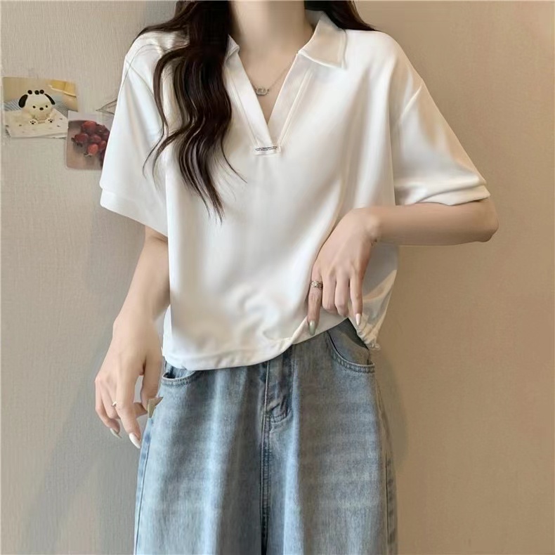 여름 새로운 지방 mm 빅 사이즈 루즈핏 POLO 칼라 긍정적 인 어깨 반팔 티셔츠 표지 배 슬림해 보이는 V넥 반소매 맨위 여성