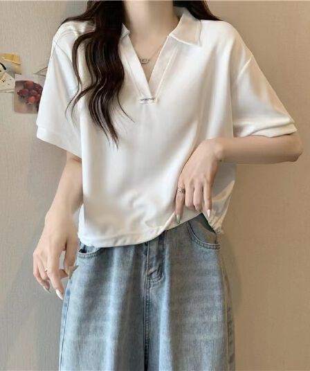 여름 새로운 지방 mm 빅 사이즈 루즈핏 POLO 칼라 긍정적 인 어깨 반팔 티셔츠 표지 배 슬림해 보이는 V넥 반소매 맨위 여성