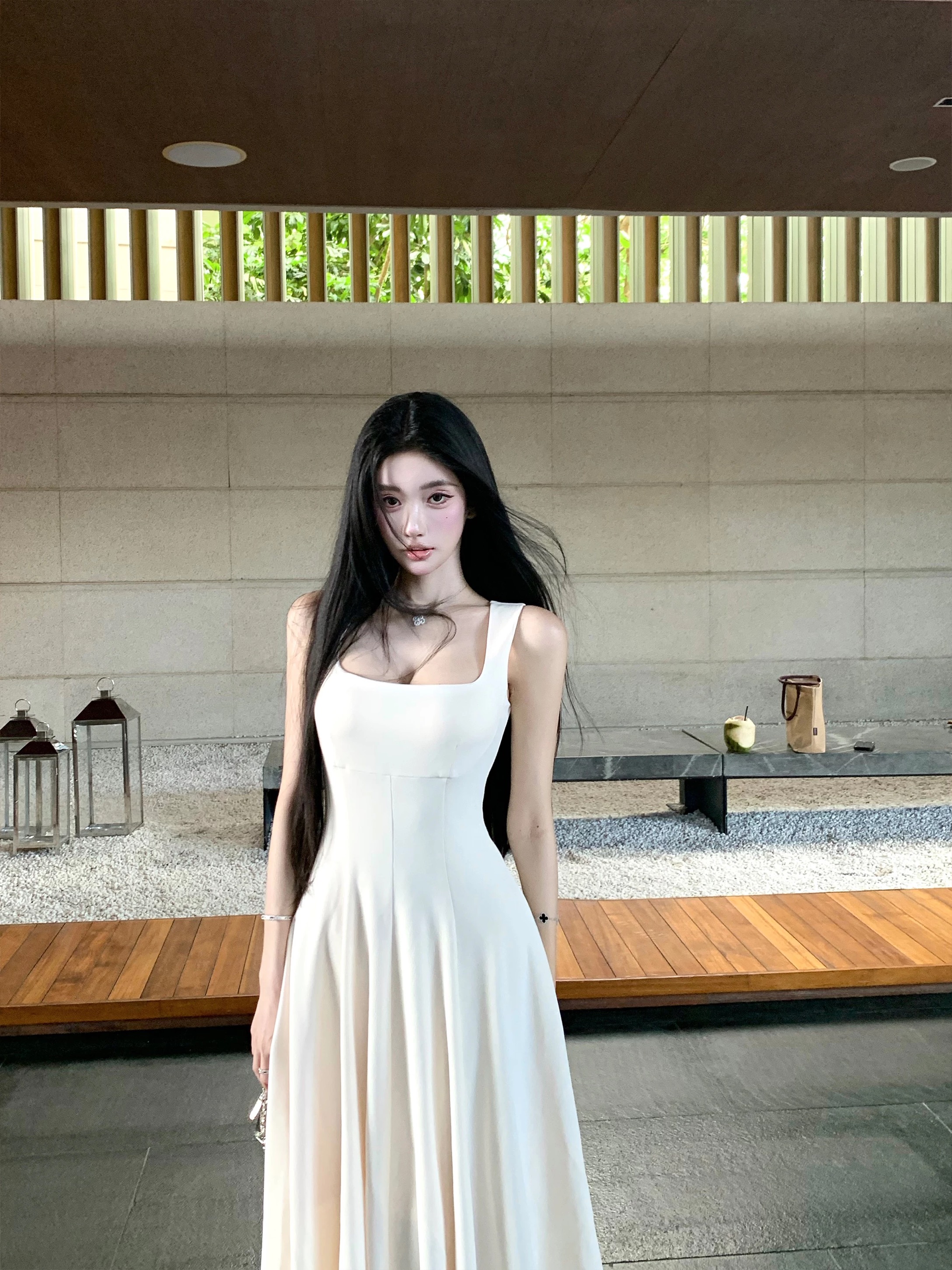 프랑스식 광장 칼라 슬립 여성 드레스 여름 허리 수축 품격 작은 키 하이웨이스트 도루 센스 화이트 롱 스커트