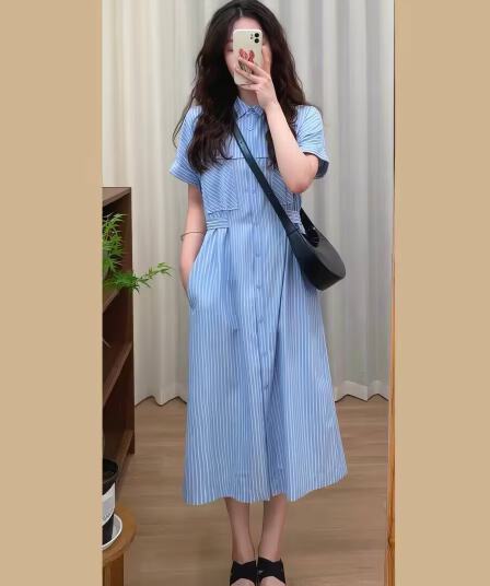 문예 레트로 파란색 스트라이프 셔츠 여성 드레스 여름 새로운 캐주얼 루즈핏 허리 수축 슬림해 보이는 작은 키 롱 스커트