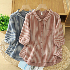 批发实拍2026新款纯棉条纹衬衫女五分袖宽松休闲翻领<b class='q'>百搭</b>上衣