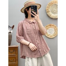批发2026新款纯棉条纹衬衫女五分袖宽松休闲翻领<b class='q'>百搭</b>上衣