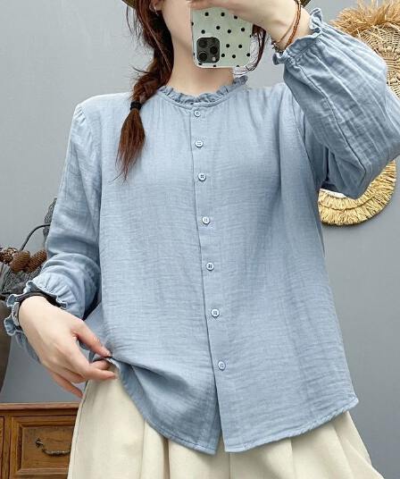 곰팡이 고리 이중층 면사 긴팔 여성 셔츠 프랑스식 문예 바람 부드럽다 프로 피부 통기성 순면 기본 셔츠 맨위