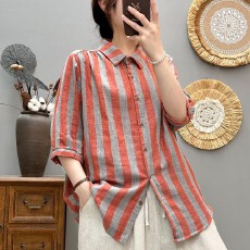 批发2026新款双层棉纱五分袖衬衫女日系文艺竖宽条纹柔软亲肤透气上衣
