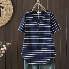 批发2026夏装条纹短袖t恤女全棉加肥<b class='q'>加大</b>码女装宽松中年v领显瘦体恤衫