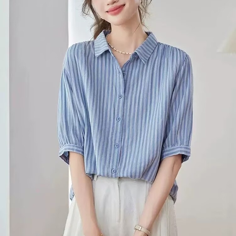 이중층 면 여름 POLO 칼라 루즈핏 여성 출퇴근 새로운 스트라이프 부드럽다 슬림해 보이는 중간 소매 셔츠