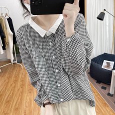 批发春秋新款宽松休闲百搭撞色<b class='q'>衬衣</b>文艺大码拼色双层棉纱格子<b class='q'>衬衫</b>女