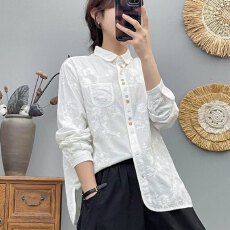 批发春秋装纯棉新款重工刺绣衬衫女长袖复古文艺气质白色衬衣女上衣