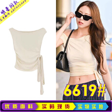 批发<b class='q'>欧美</b>式风杏色斜领露肩辣妹修身系带T恤背心上衣女 申有娜明星同款