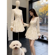 批发法式千金风高端精致V领蕾丝<b class='q'>连衣裙</b>女装2025秋冬新款生日礼服a字裙