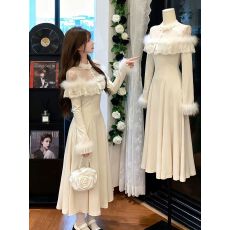 批发法式千金毛毛领长袖针织<b class='q'>连衣裙</b>女秋冬内搭收腰生日礼服绝美长裙子