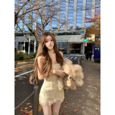 批发25/fw天鹅绒冬雾 冬日内搭王者！蕾丝吊带蝴蝶结拼纱连衣裙