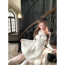 批发12/10 雪绒香榭/千金感小香风拼接蕾丝花边精致年会连衣裙