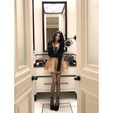 批发12/30新品单件8折针织拼接撞色网纱蝴蝶结连衣裙