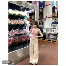 批发瑞茜·威瑟斯 粉色瓜崽 纯欲风连衣裙日常T恤上衣阔腿长裤R2637-1